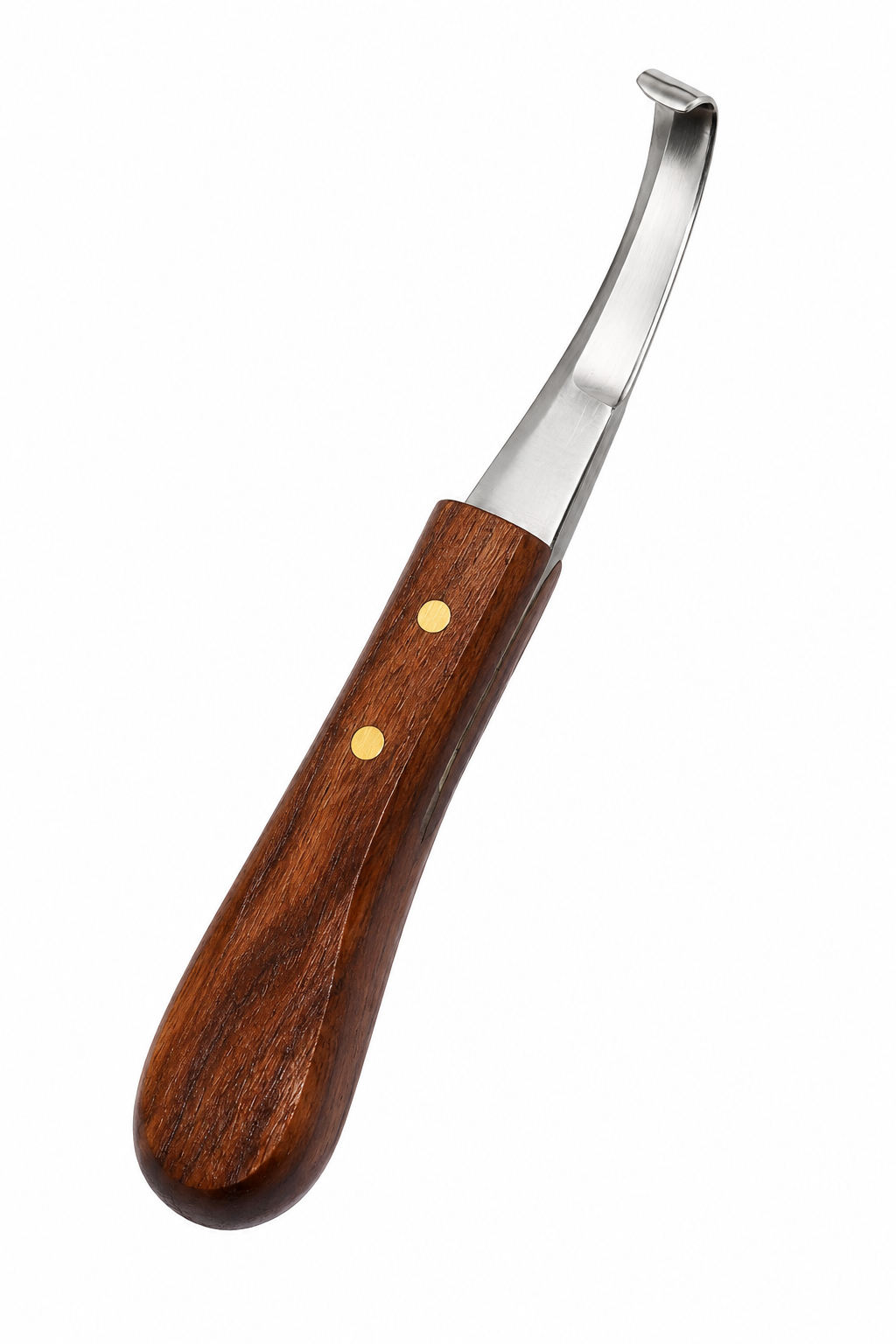 Hoof Knife Wooden Handle curved blade close-up detail