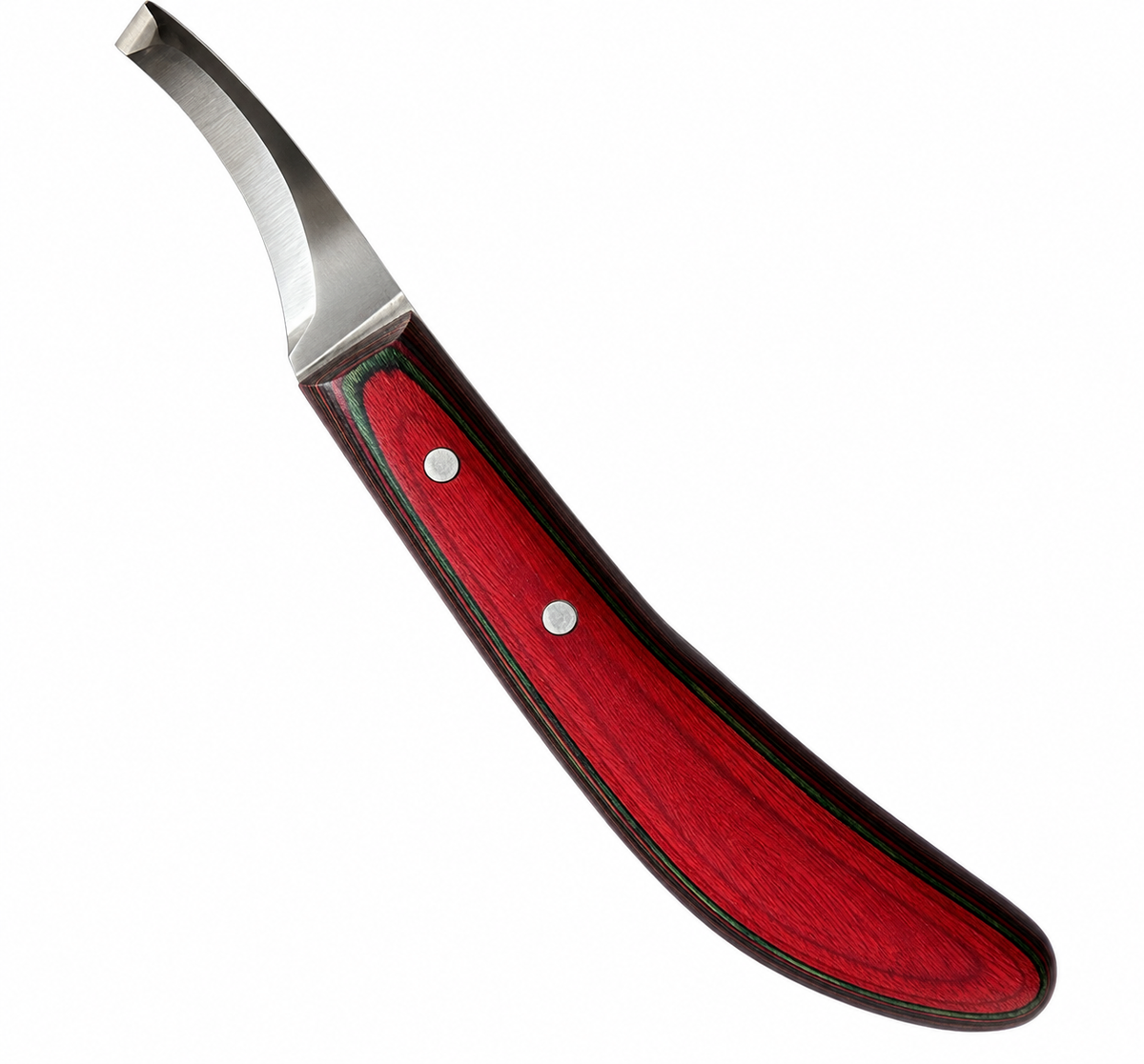 Curved hoof knife with laminated handle for veterinary hoof trimming and hoof care